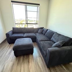 BRAND NEW BLACK CORDUROY SECTIONAL SOFA COUCH WITH OTTOMAN 