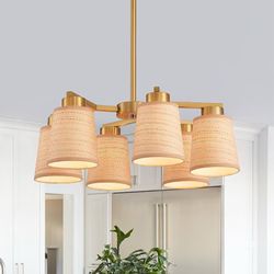 22" Boho 6-Light Rattan Gold Chandelier with Woven Fabric Shade, Coastal Farmhouse Pendant Light