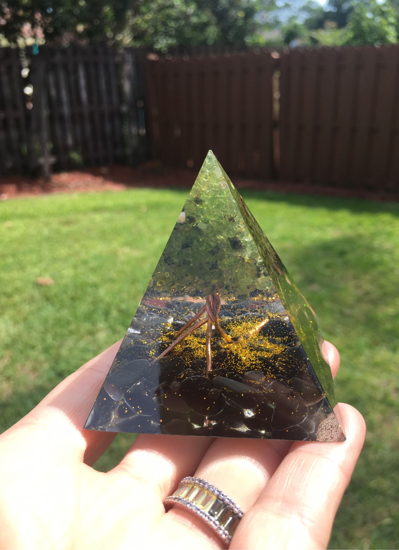 Orgonite Pyramide Tree out of copper 3 inches layers Gemstones Pebbles and Powder in layers embedded in resin copper too