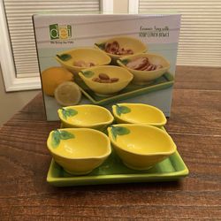 Farmhouse Lemon Bowls Set of 4 With Ceramic Square Green Serving Tray, DEI