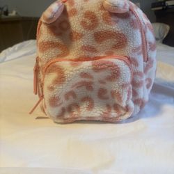 Pink White Animal Print Kids Backpack with Ears Fleece Adjustable Strap Small