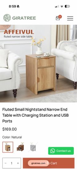 Fluted Narrow End Table with Charging Station, Natural