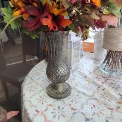 Antique Silver Plated Metal Vase With Silk Flowers
