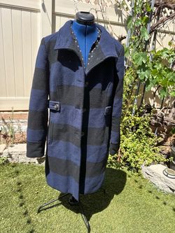 Navy and Black Striped Wool Coat