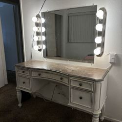 Wooden Vanity with Lights & Mirror