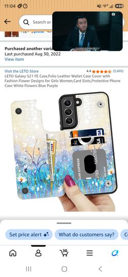 Galaxy S21 FE Case,Folio Leather Wallet Case Cover with Fashion Flower Designs for Girls Women,Card Slots,Protective Phone Case White Flowers Blue Pur
