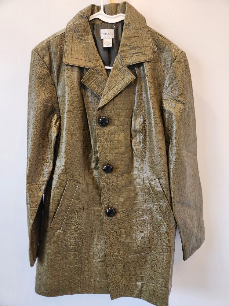 Chico's Olive Crocodile Pattern Trench Coat
