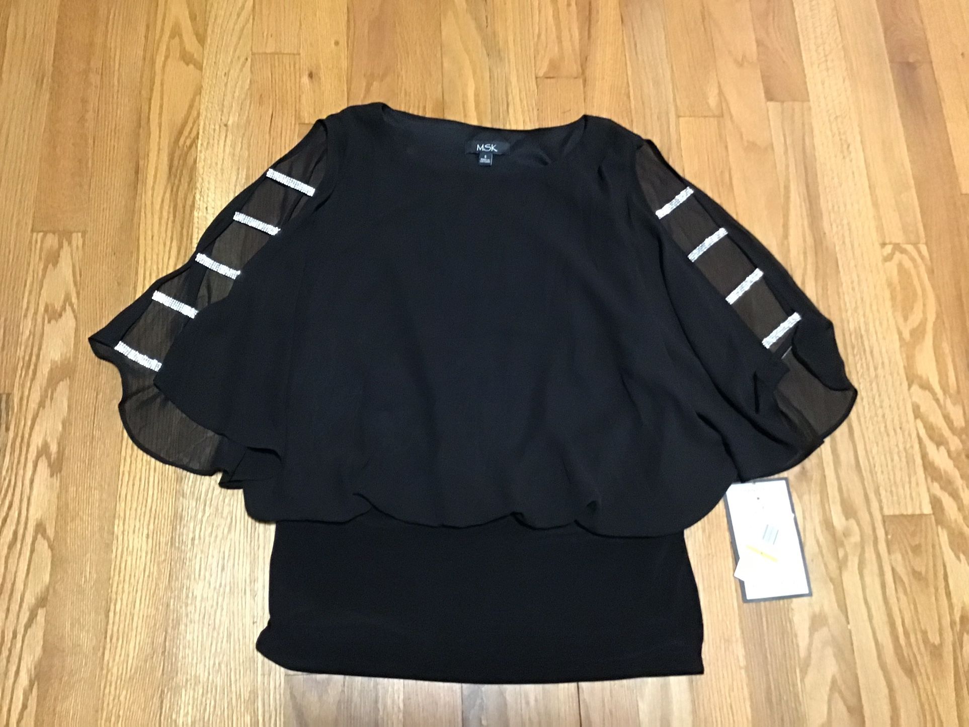 MSK BLACK TOP 3/4 SLEEVE WITH PEEK THRU SLEEVES WITH SEQUIN NEW WITH TAG WOMEN SIZE SMALL NEW WITH TAG