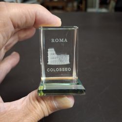 Mini Crystal Glass 3D Etched Laser Cut Paperweight Roma Colosseo With Multicolored Base 2"H X 1.5" Square 