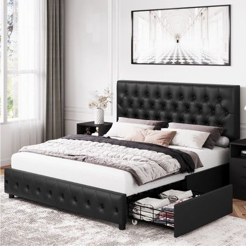 *Brand New* Leather Storage Platform Bed Frame with 4 Drawers, Queen Black