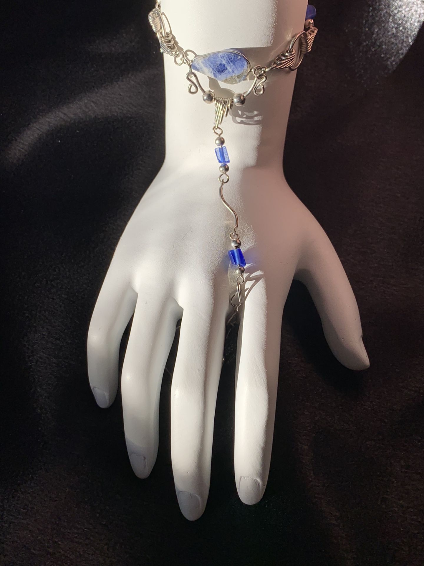 Blue stone hand crafted unique bracelet with ring adjustable