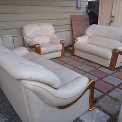 White Real Leather Couch, Love Seat, Chair