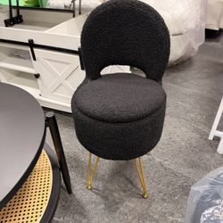 Small Vanity Stool Chair with Storage and Folding Back Round Ottoman Velvet Seat and 4 Metal Legs with Anti-Slip Feet, Furry Padded Seat for Makeup, B
