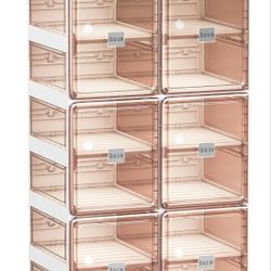 Shoe Rack Closet Organizer and Storage,  Sturdy Plastic Shelf, Clear Brown Doors, 6 Tiers