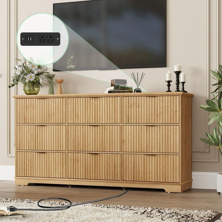 9 Drawer Dressers with Power Outlet for Bedroom, 63" Wide Farmhouse Chest of Drawer with 9 Big Drawers, Oak Closet Dressers for Bedroom, Living Room