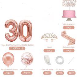 30th Birthday Decorations For Her, Happy 30th Birthday, Crown, Sash, Cake Topper And Number Balloon, Rose Gold 30 Birthday Party Decorations Fo