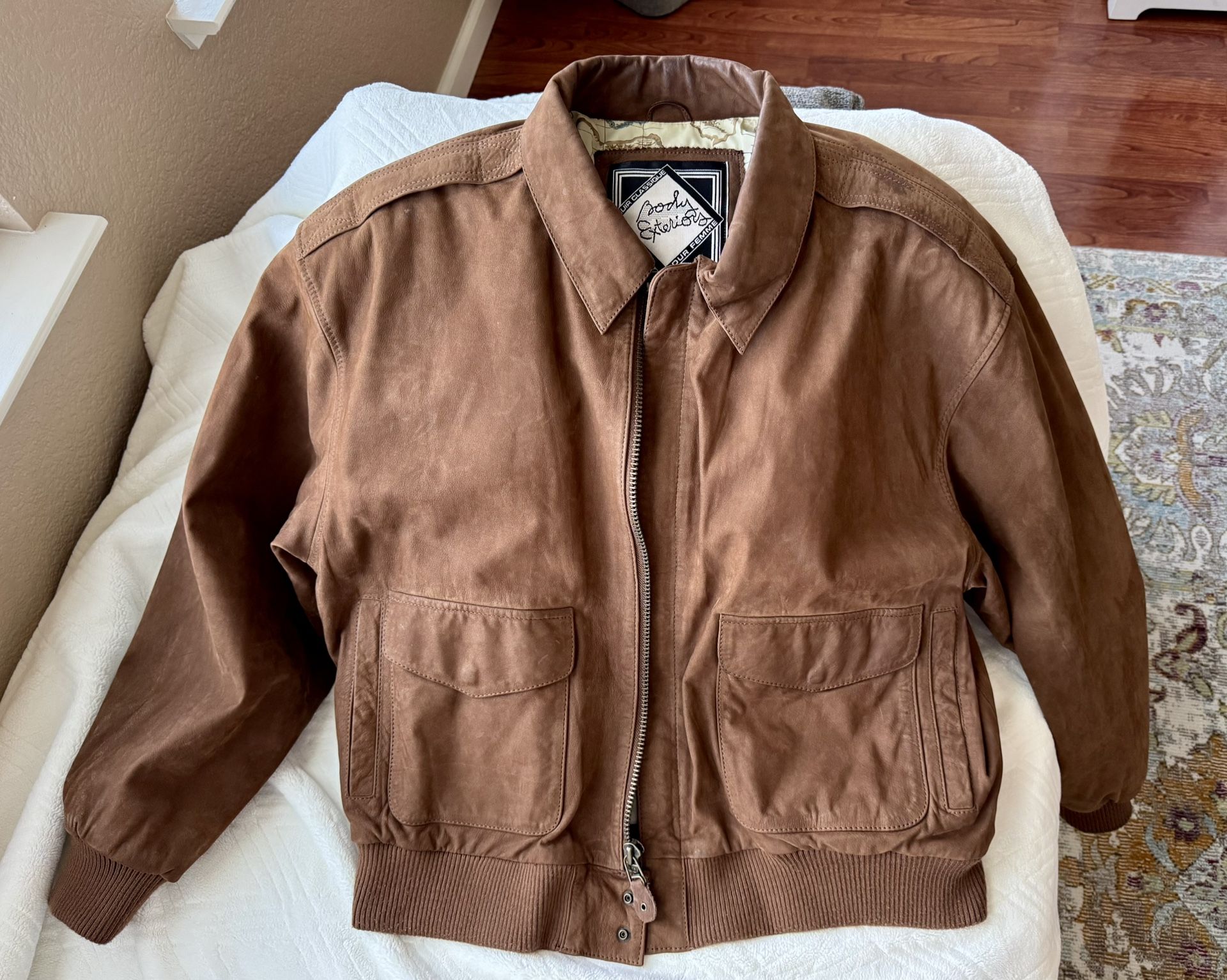 Body Exteriors Women's Large Suede Leather Bomber Jacket with Map Lining