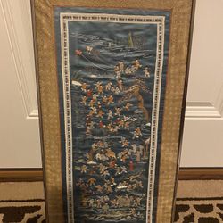 Vintage Framed Asian Oriental embroidery- kids playing scene- 25” by 13”