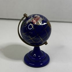 Vintage Semi Precious Gemstone World Spinning Globe Blue Base 3” Tall RARE