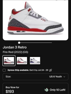 Jordan 3 Retro Fire Red
Used
Kids Size 6y
Women's Size 7.5