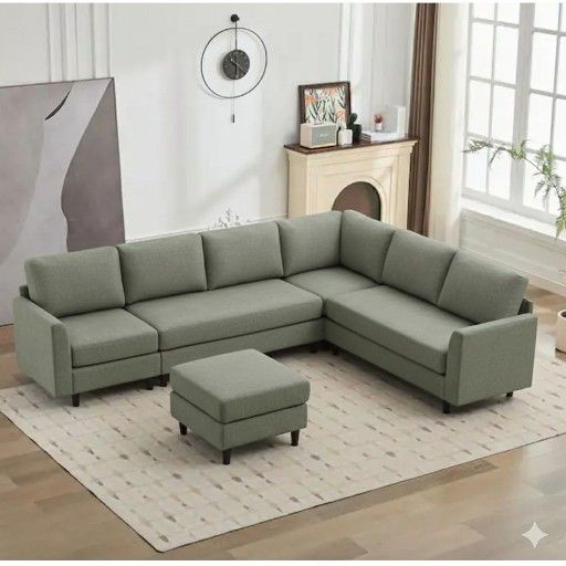 Modular Fabric Sectional Sofa Couch 7-Seats with Convertible Cushion 1-Ottoman