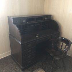 Antique roller top desk with chair