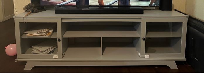 Gray Wood TV Stand with Glass Doors