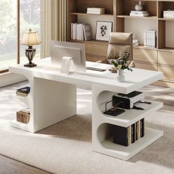 Tribesigns White Executive Office Desk, 63" Computer Desk with Storage Shelves, Modern Wood Study Writing Table, Large Workstation Business Furniture 