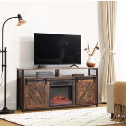 48" Electric Fireplace TV Stand for TVs up to 65" Media Entertainment Center Console Table with Open Storage Shelves＆Sliding Barn Doors Cabinets Flame