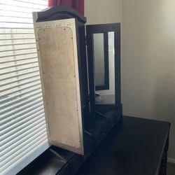 VANITY WITH MIRROR AND WOODEN STOOL