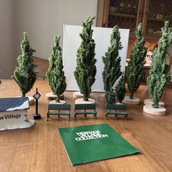 Heritage Village Collection Set Of Alpine Trees, Alpine Village, Sign Benches, And Clock 