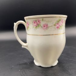 Antique German Porcelain Chocolate Cup Pink Rose Garland Gold Gilt Trim Germany