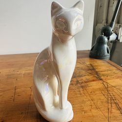 Mid-Century Modern NC Cameron & Sons Ltd. White Iridescent Ceramic Cat Sculpture
