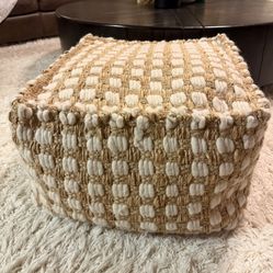 Hand Woven Natural and White Cotton/Jute Square Pouf Ottoman