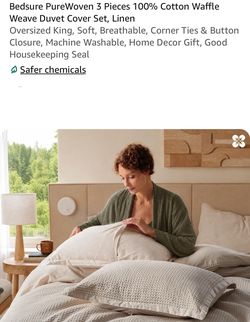 Bedsure PureWoven 3 Pieces 100% Cotton Waffle Weave Duvet Cover Set, Linen Oversized King, Soft, Breathable, Corner Ties & Button Closure, Machine Was