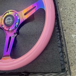 NRG Steering Wheel - 350mm 25mm Deep Configuration, Classic Wood Grain Wheel, 3 Neochrome Spokes- Solid Pink Painted Grip
