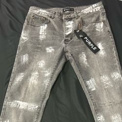 PURPLE BRAND Grey Distressed Paint Splatter Jeans