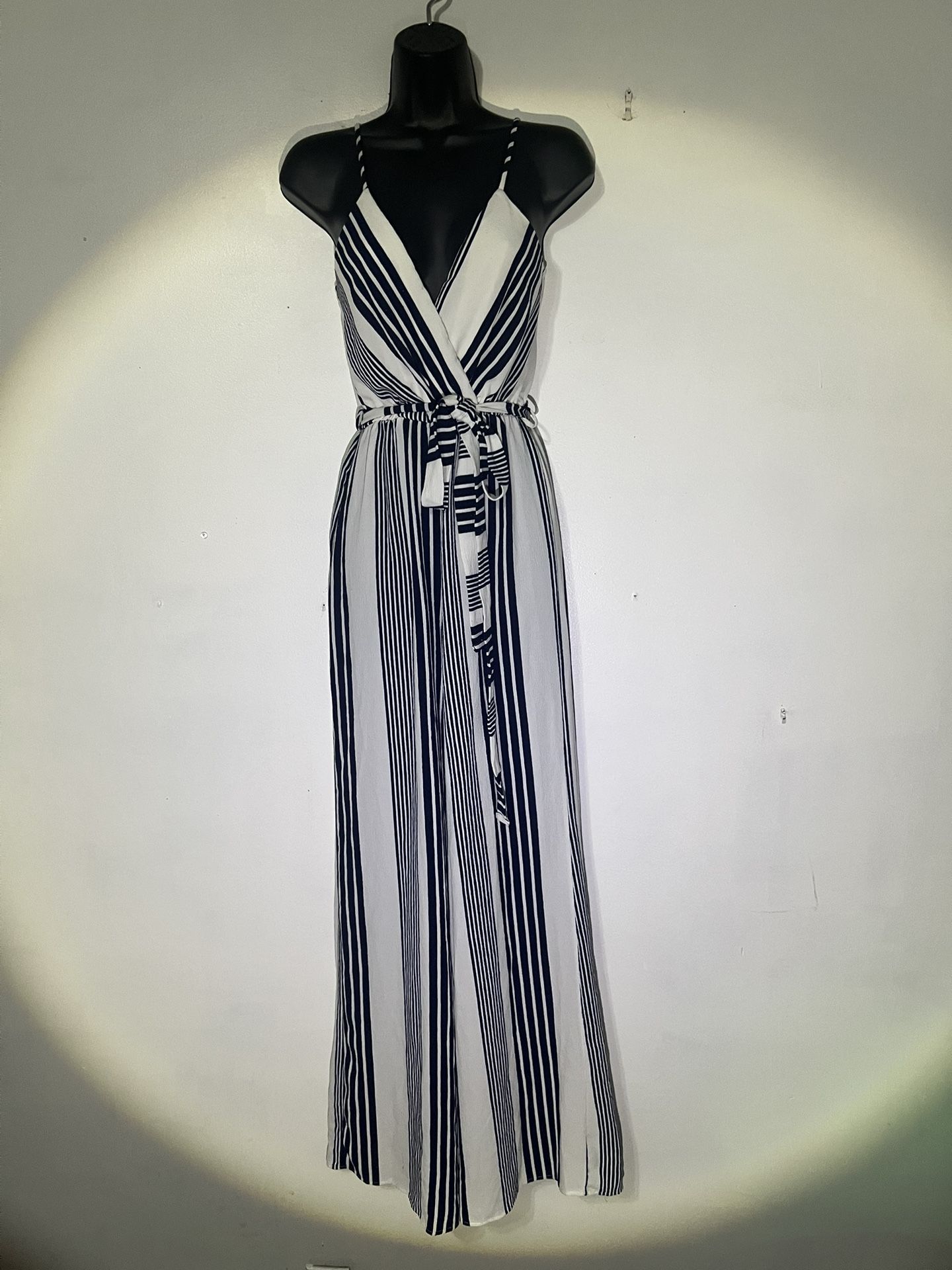 White and navy striped jumpsuit