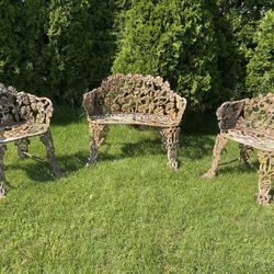 Vintage Cast Iron Bench and 2 Chairs - Grape Vine Leaf - Delivery Possible 