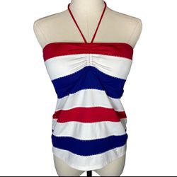 Ralph Lauren Capri Striped Halter Tankini Swim Top Red White Blue, size Large
