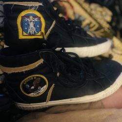 New Vans Sk8-Hi 46 MTE DX 'Space Voyager' sneaker in black leather, featuring embroidered NASA and Apollo 11 mission patches.  