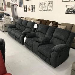 Draycoll slate grey living room set - reclining sofa and loveseat set