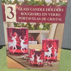 Christmas Glass Candle Holder Set New In Box