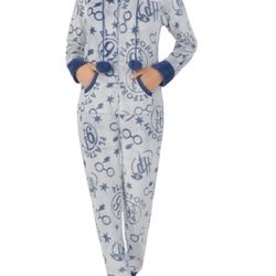 Harry Potter Blue Fleece One Piece Full Zip Pockets Tassel Poms Hooded Sz S
