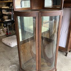 Tiger Oak Antique corner China cabinet with two beveled mirrors