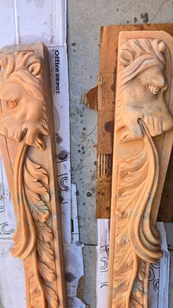 Pair Hand-Carved Pink Marble Fireplace Mantel Jambs – Lion Head & Acanthus – 45"
