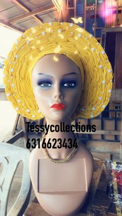 Yellow color ready made gele auto gele
