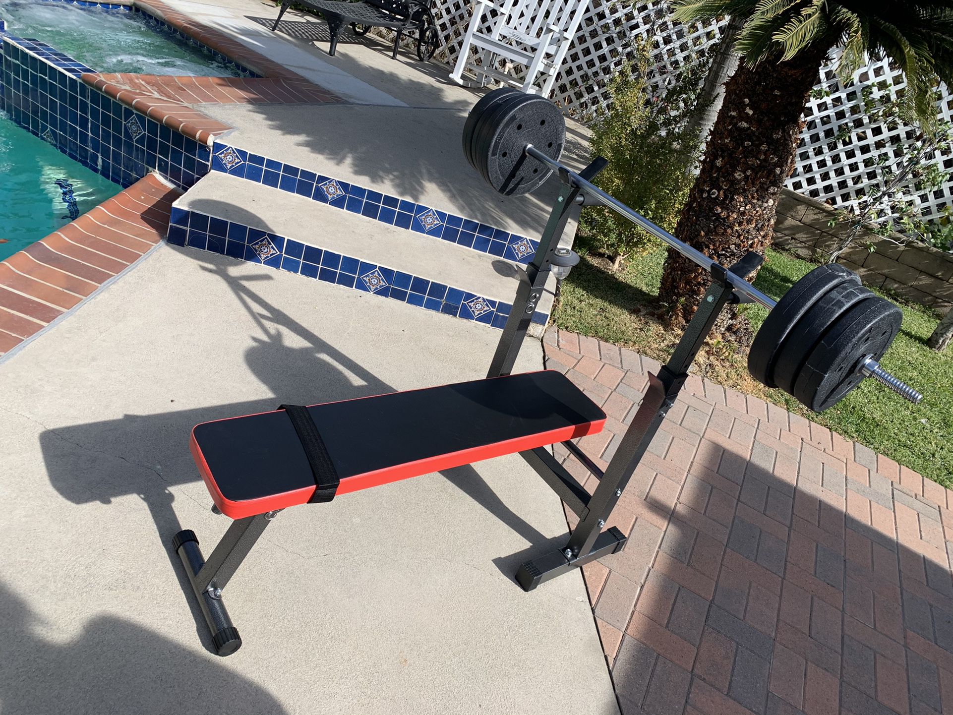 Foldable Space Saving Bench Press With Dipbars，5 foot standard barbell dumbbell handles and 95LB weight set