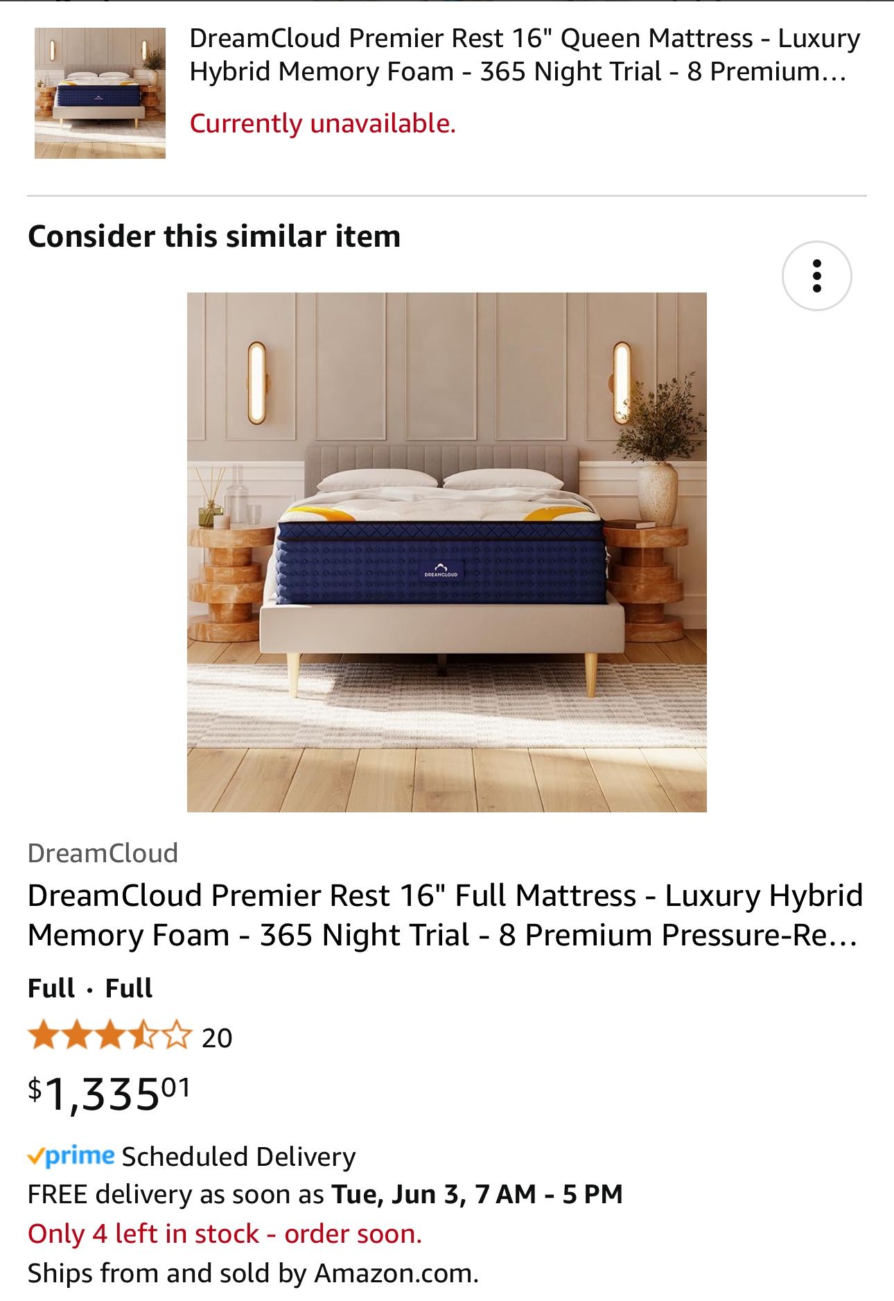 DreamCloud Premier Rest 16" Full Mattress - Luxury Hybrid Memory Foam - 365 Night Trial - 8 Premium Pressure