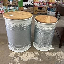 Set of 2 Farmhouse Nesting Galvanized Metal Storage Accent Table or Stool with Wood Lids